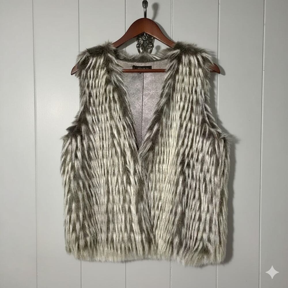 Anthropologie Dor Dor Couture Vest Faux Fur Vest Large Ivory Gray Satin Lining